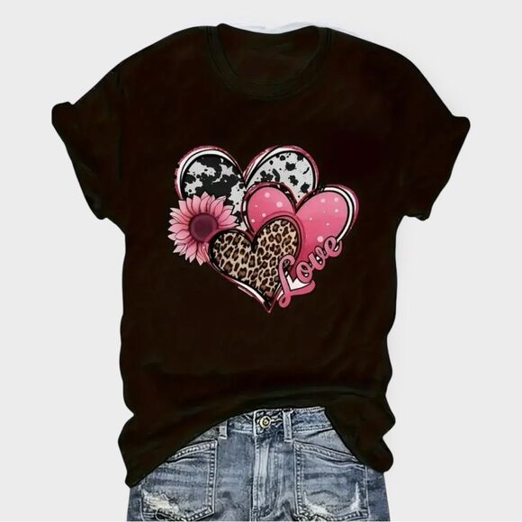 Pink hearts, leopard prints, flower & LOVE! Crew neck graphic black tee shirt - Picture 4 of 13
